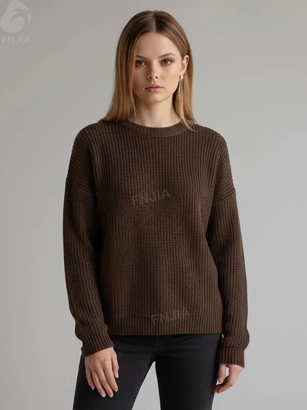 Women's Chocolate Brown Waffle-Knit Sweater (Crew Neck, Oversized Relaxed Fit)