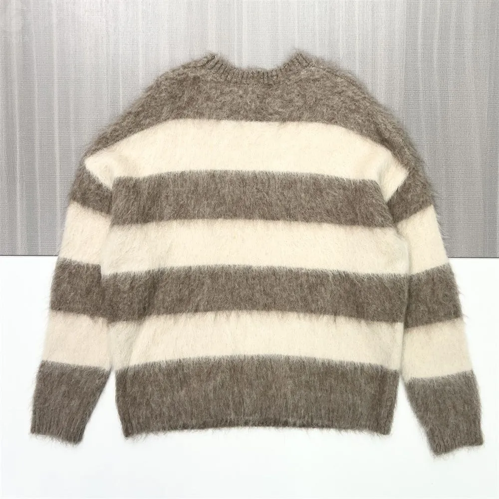 Women's Grey & Cream Striped Fuzzy Knit Sweater (Oversized Fit, Fluffy Texture)