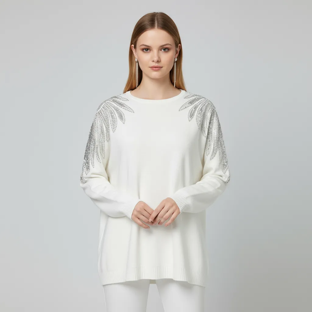 Women's White Knit Sweater with Shimmery Palm Leaf Shoulder Embellishments