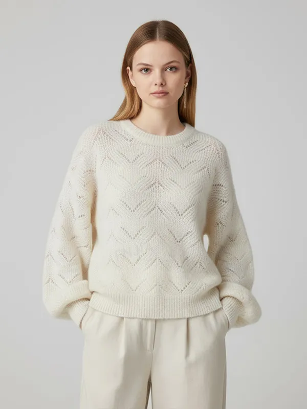 Women's Cream Openwork Knit Sweater (Chevron Pattern, Puff Sleeves)