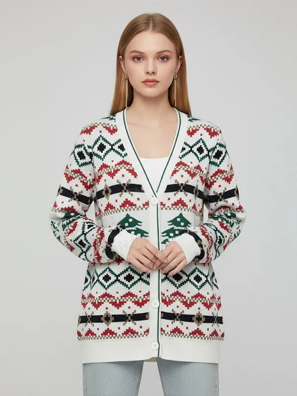 Women's Christmas Fair Isle Knit Cardigan with Tree Pattern (Red & Green)