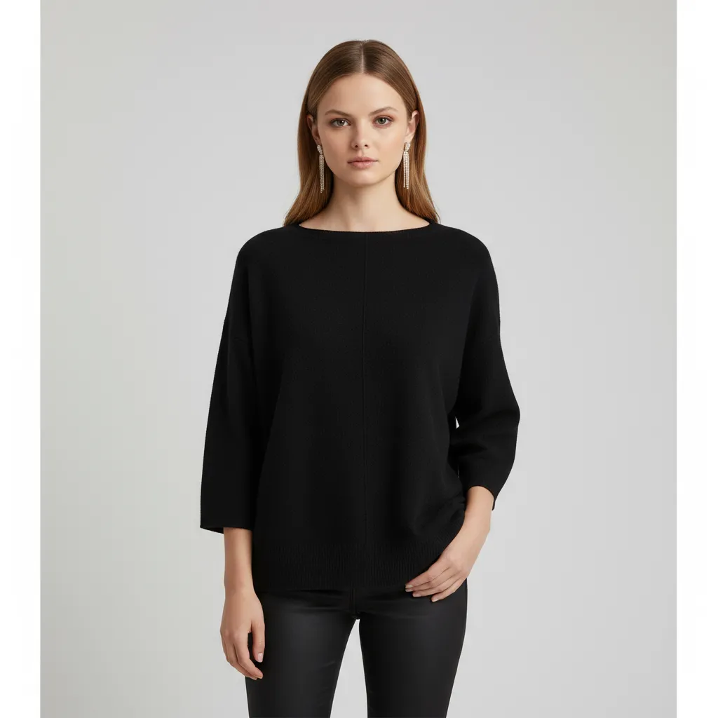 Women's Black Boat Neck Knit Sweater (Oversized Fit, 3/4 Sleeve Design)