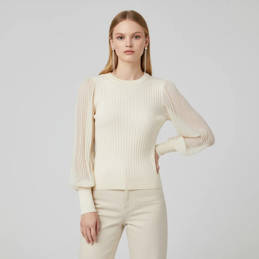 Women's Cream Sheer-Striped Knit Sweater (Crew Neck, Puff Sleeve Design)