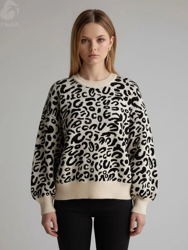 Women's Cream & Black Leopard Print Knit Sweater (Crew Neck, Oversized Puff Sleeve)