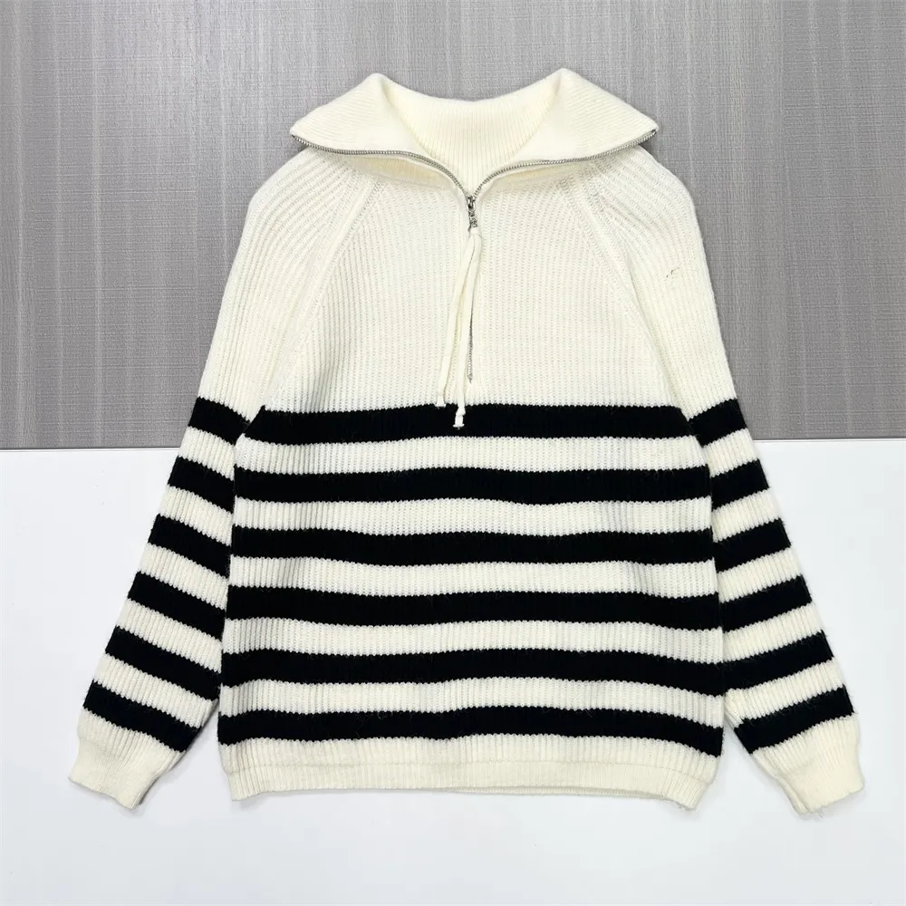 Women's Ivory & Black Striped Rib-Knit Quarter-Zip Polo Collar Sweater