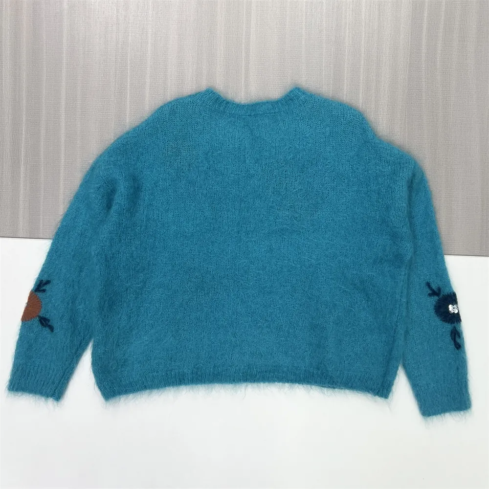 Women's Turquoise Knit Sweater with Colorful Floral Embroidery