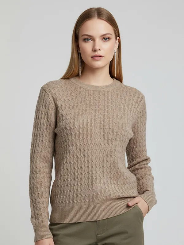 Women's Taupe Cable-Knit Crew Neck Sweater (Textured Pattern)