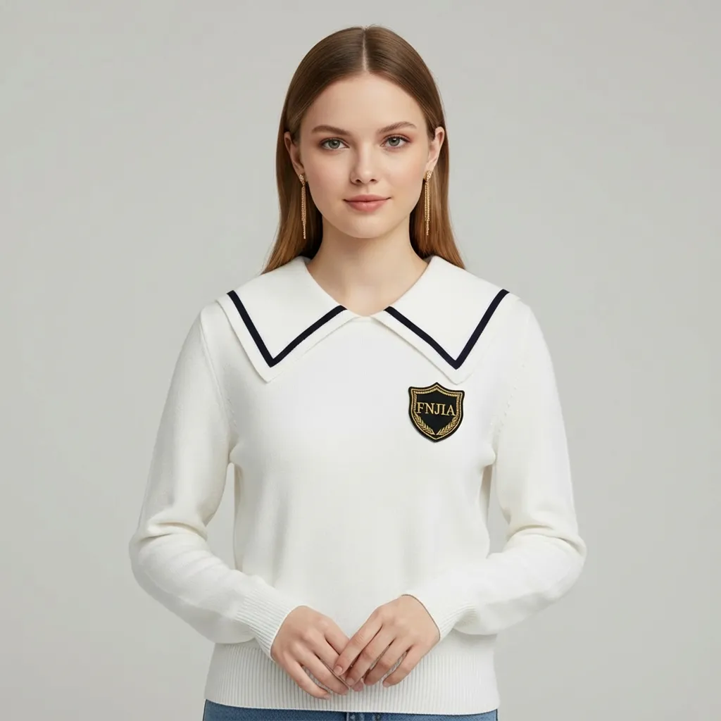 Women's White Sailor Collar Knit Sweater with Contrast Trim & Emblem Detail