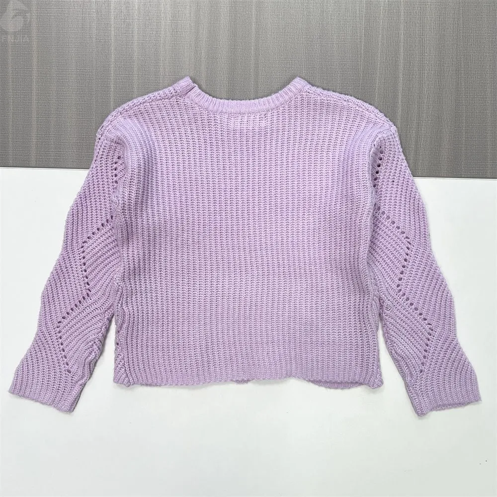 Women's Lavender Openwork Knit Sweater (Crew Neck, Cropped Oversized Fit)