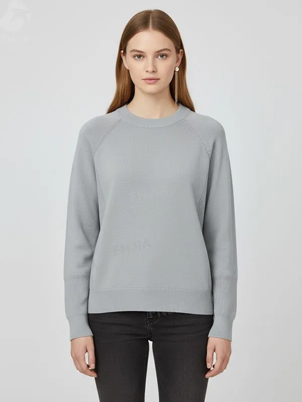 Women's Light Grey Rib-Knit Sweater (Crew Neck, Oversized Raglan Sleeve Design)