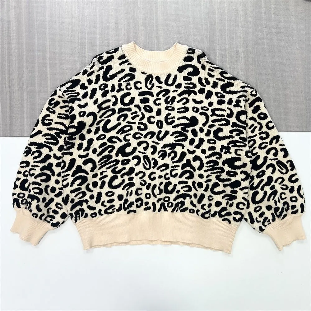 Women's Cream & Black Leopard Print Knit Sweater (Crew Neck, Oversized Puff Sleeve)