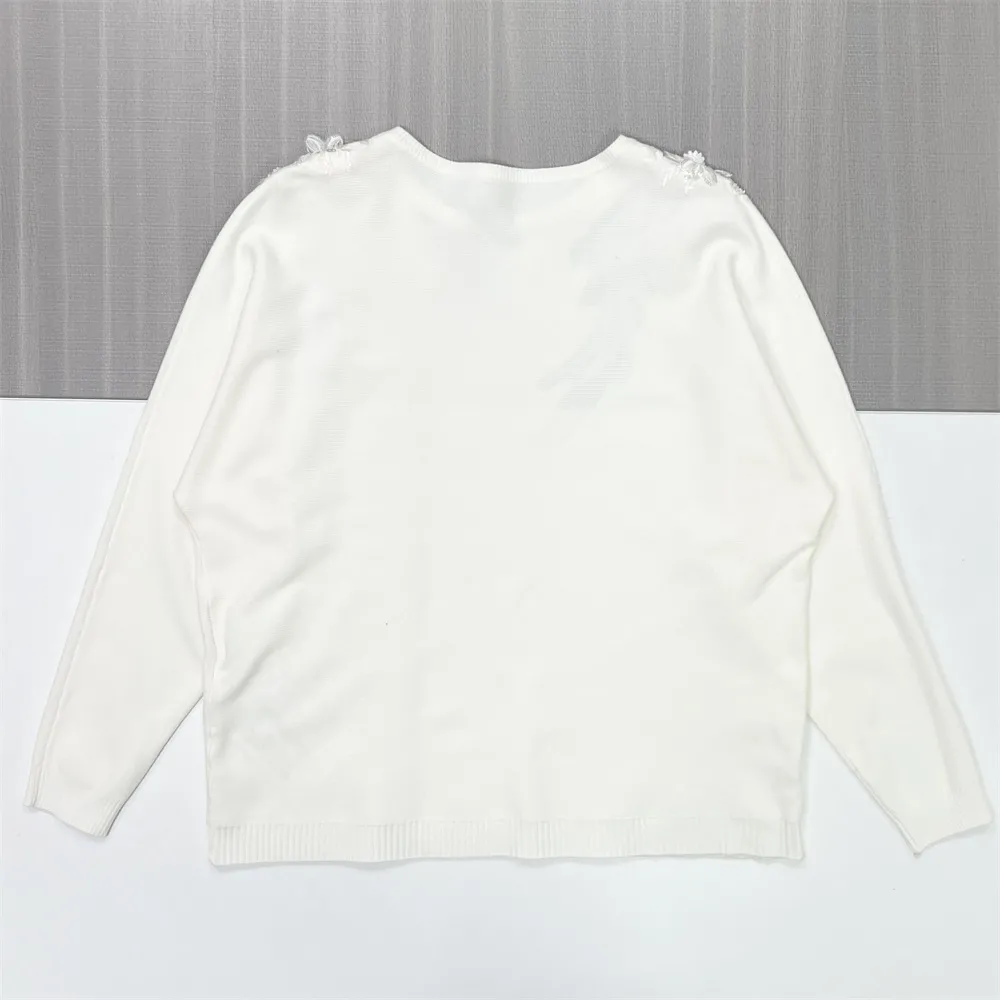 Women's White Knit Sweater with Elegant Shoulder & Chest Embellishments