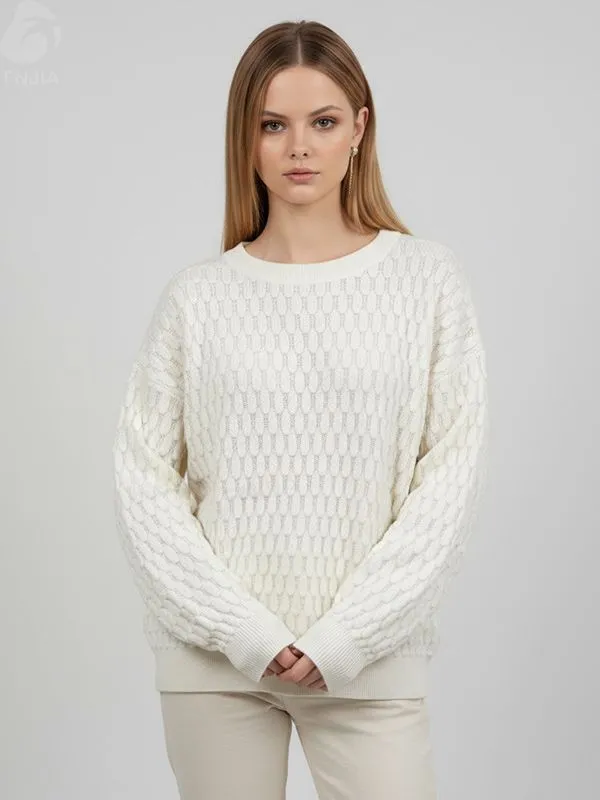 Women's Cream Scale-Pattern Openwork Knit Sweater (Crew Neck, Textured Design)