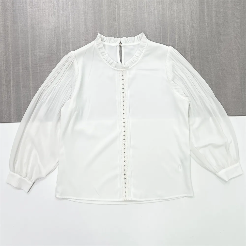 Women's White Ruffled Mock Neck Blouse with Pleated Sleeves & Stud Detail