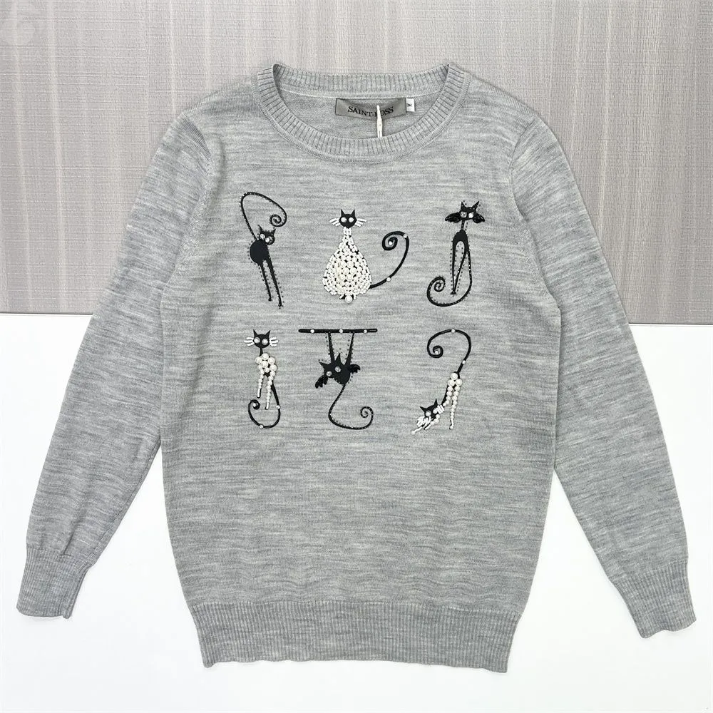 Women's Heather Grey Cat Embellished Knit Sweater (Crew Neck, Playful Beaded Design)