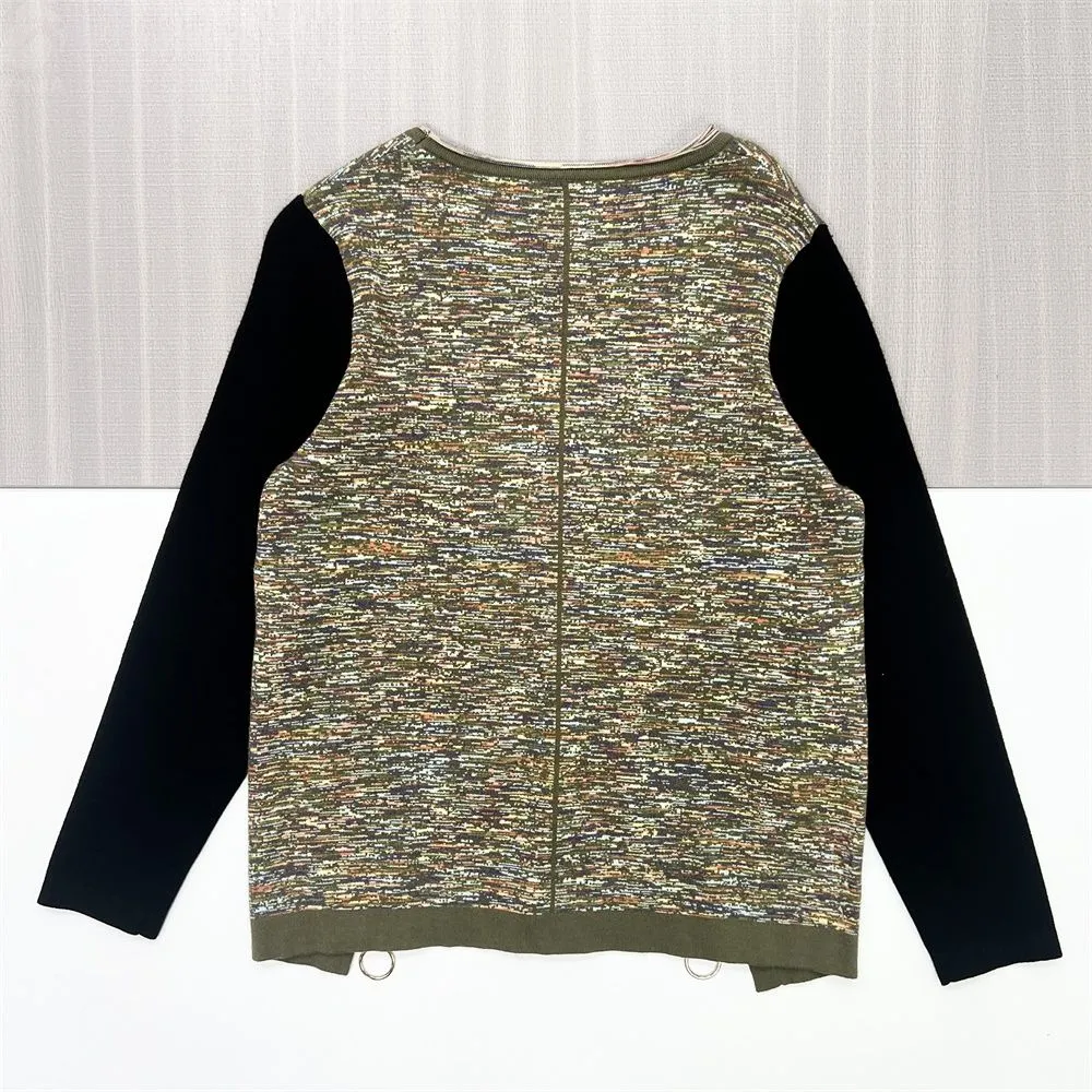 Women's Multi-Tone Tweed Knit Top (Black Sleeve Panel, Zipper Detail)
