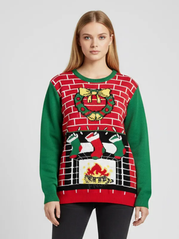 Women's Christmas Fireplace & Stocking Print Knit Sweater (Red & Green)