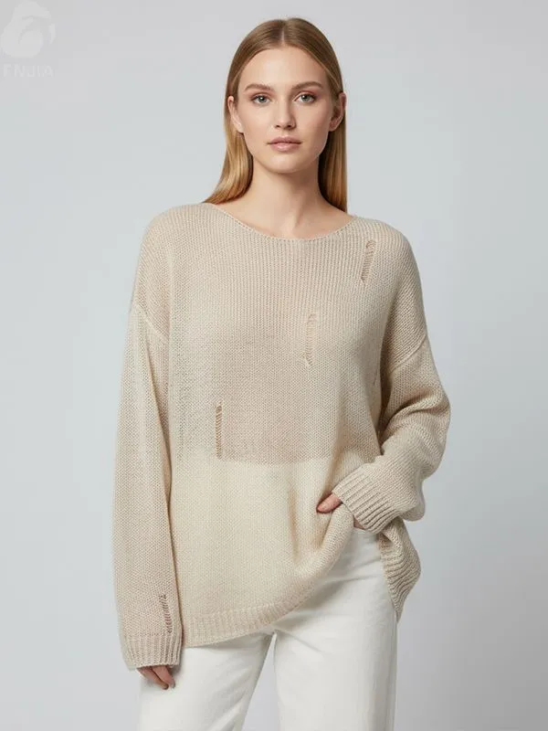 Women's Beige Distressed Openwork Knit Sweater (Boat Neck, Oversized Fit)