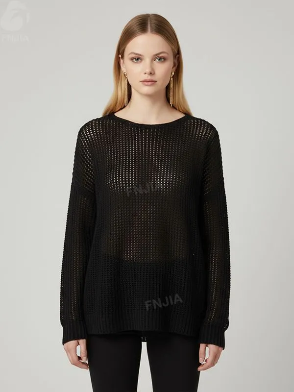 Women's Black Openwork Rib-Knit Sweater (Boat Neck, Oversized Fit)