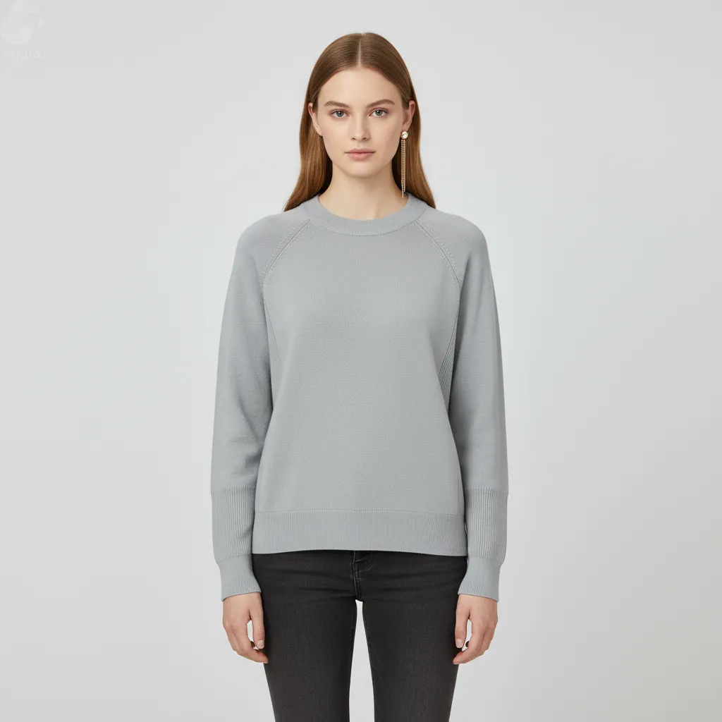Women's Light Grey Rib-Knit Sweater (Crew Neck, Oversized Raglan Sleeve Design)