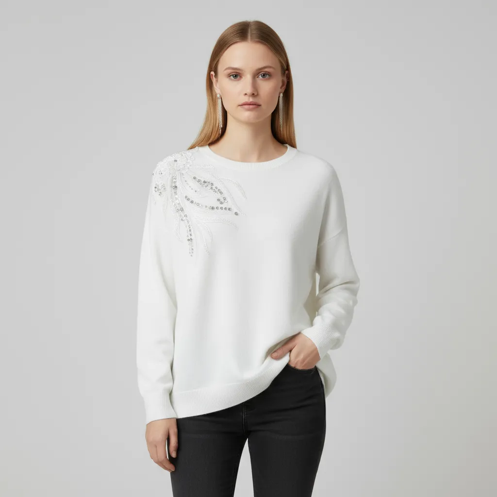 Women's White Knit Sweater with Shimmery Floral & Feather Shoulder Embellishment