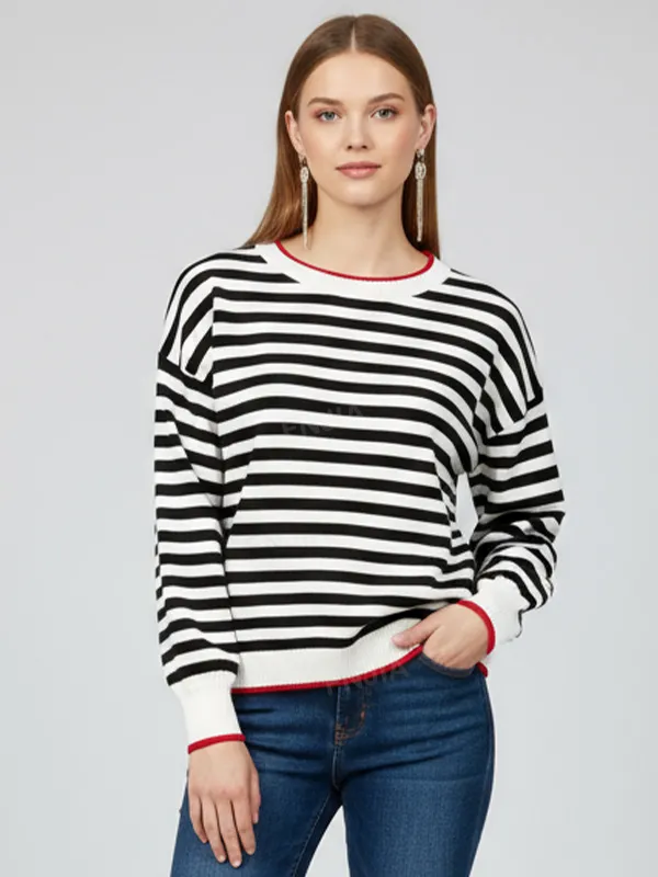Women's Black & White Striped Knit Sweater (Crew Neck, Contrast Red Trim)