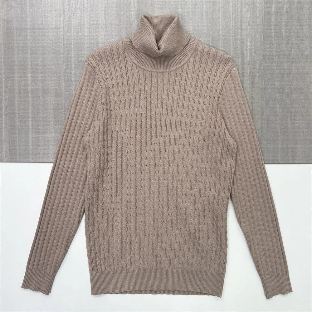 Women's Camel Turtleneck Cable-Knit Sweater (Slim Fit, Intricate Texture)