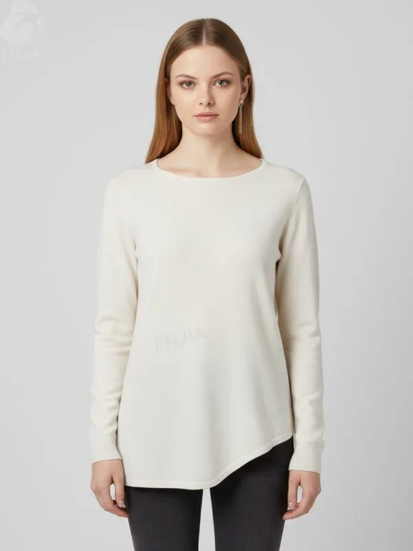 Women's Cream Asymmetric Hem Knit Top (Boat Neck, Long Sleeve)