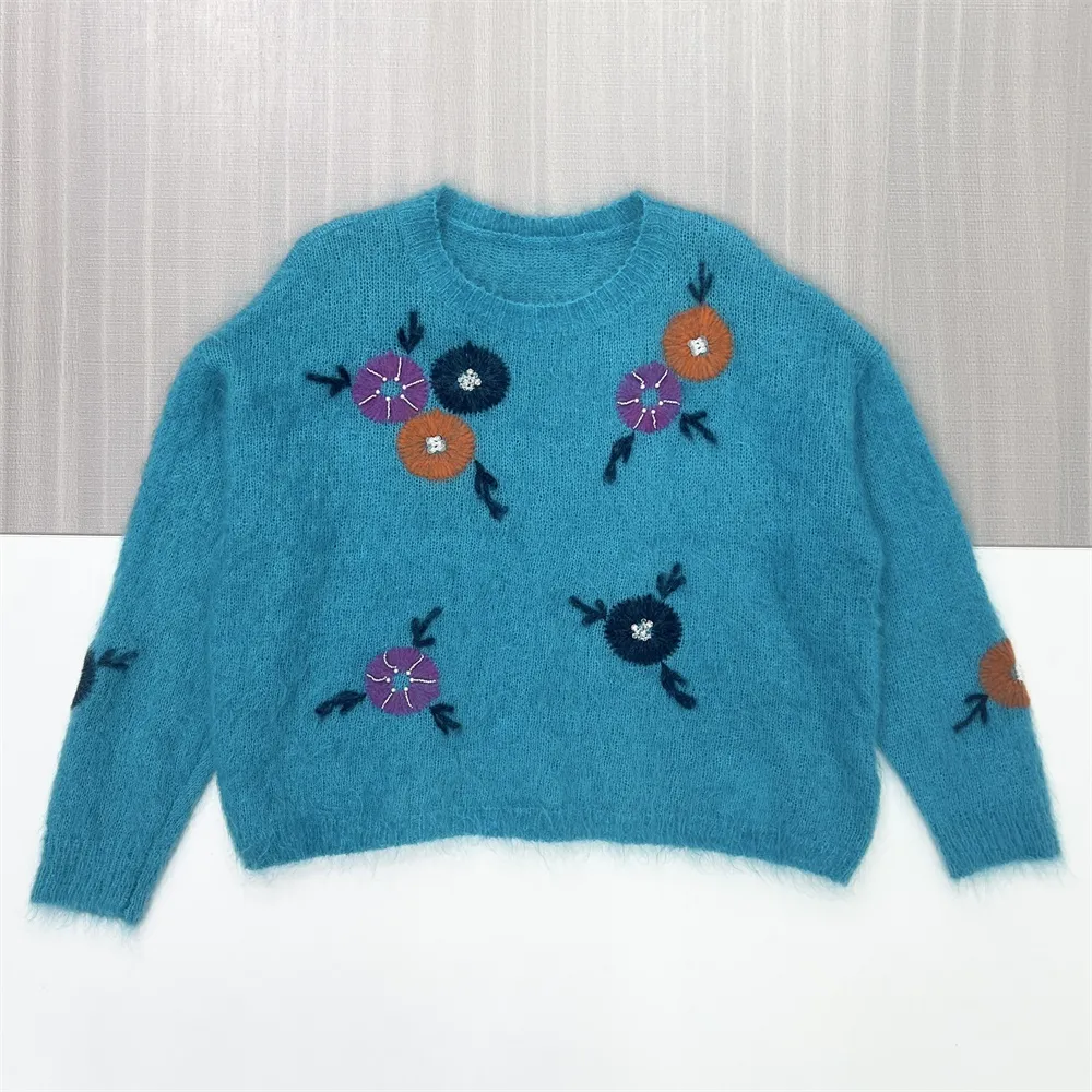 Women's Turquoise Knit Sweater with Colorful Floral Embroidery