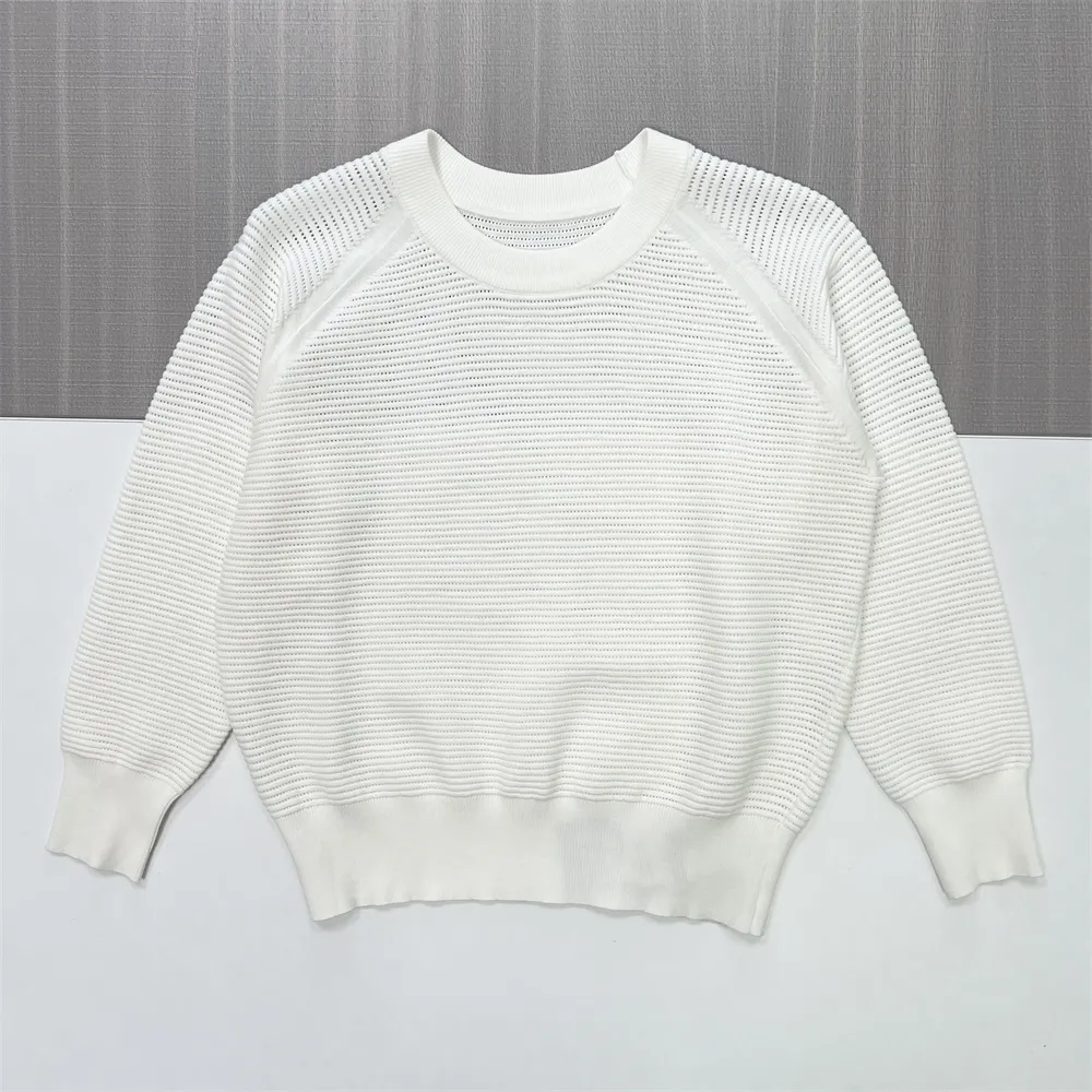 Women's White Openwork Knit Crew Neck Sweater (Textured Mesh Pattern)