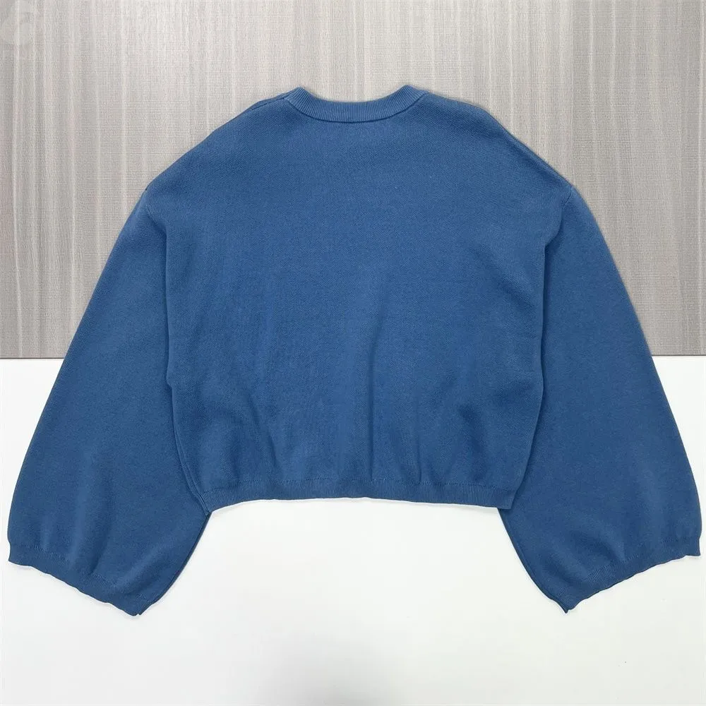 Women's Royal Blue Graphic Knit Sweater (Oversized Bell Sleeve, Cropped Fit)