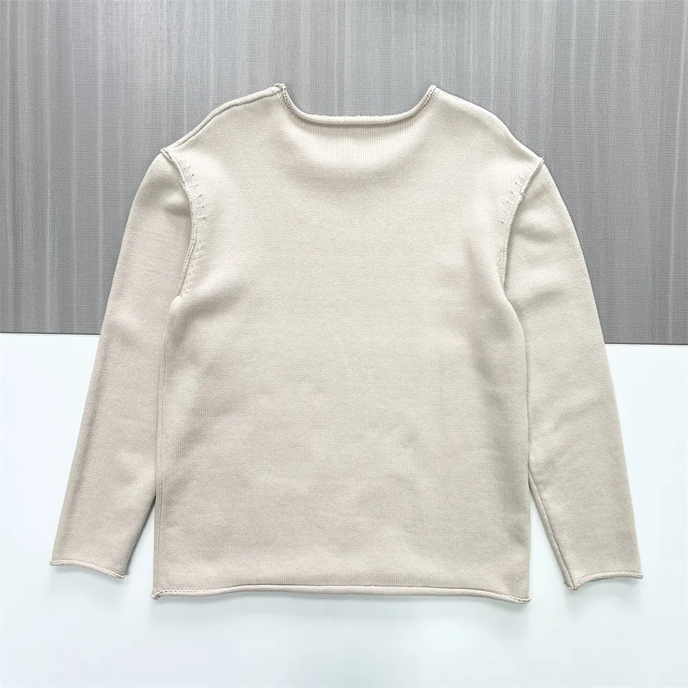 Women's Beige Rib-Knit Crew Neck Sweater (Relaxed Fit)