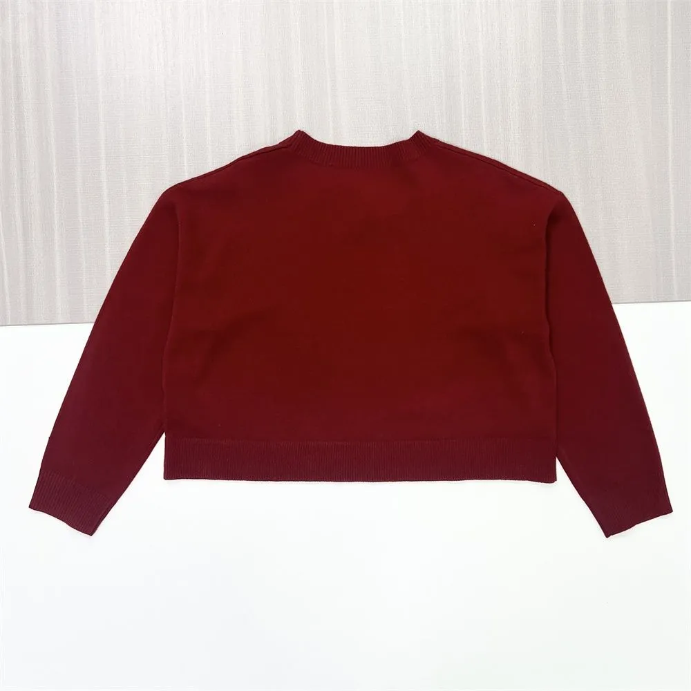 Women's Burgundy Cropped Knit Sweater (Crew Neck, Minimalist Design)