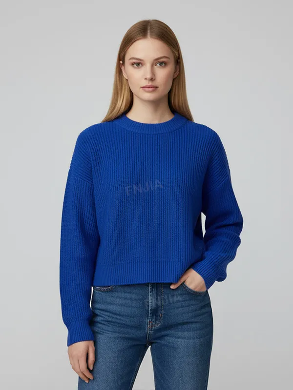 Women's Royal Blue Rib-Knit Cropped Sweater (Crew Neck, Oversized Puff Sleeve)