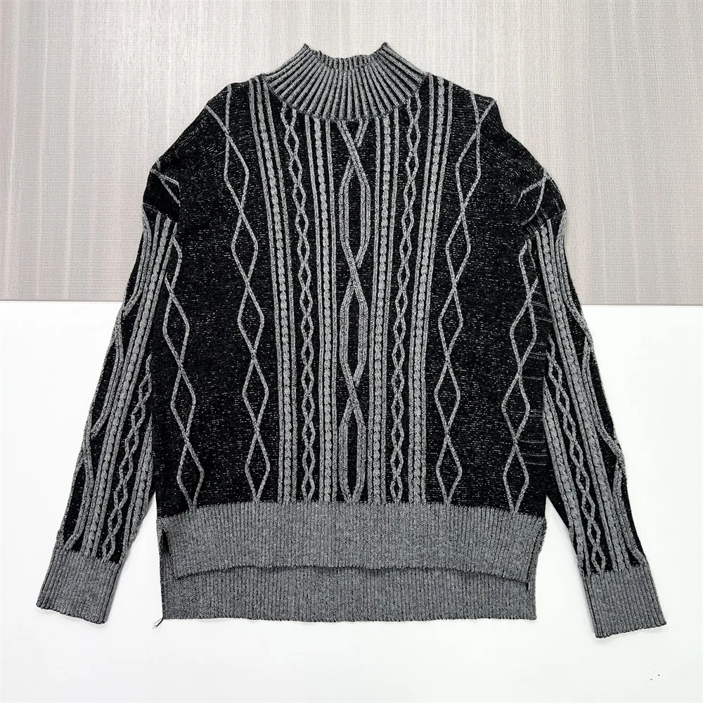 Women's Black & Grey Cable-Knit Turtleneck Sweater (Geometric Pattern)