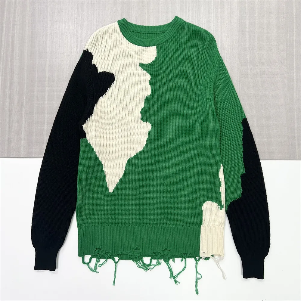 Women's Green/Black/White Abstract Knit Sweater (Oversized Fit, Fringed Hem)