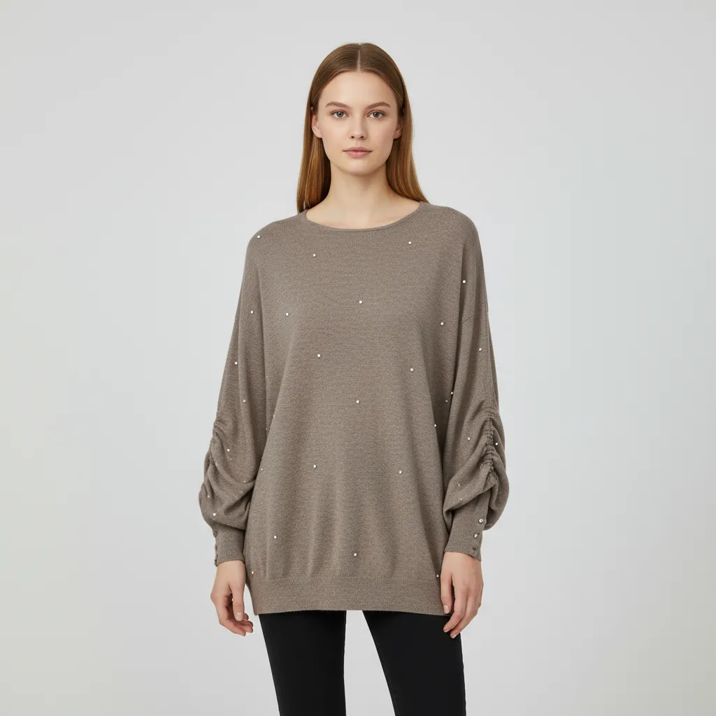 Women's Taupe Knit Tunic (Oversized Fit, Pearl Embellishments & Puff Sleeves)