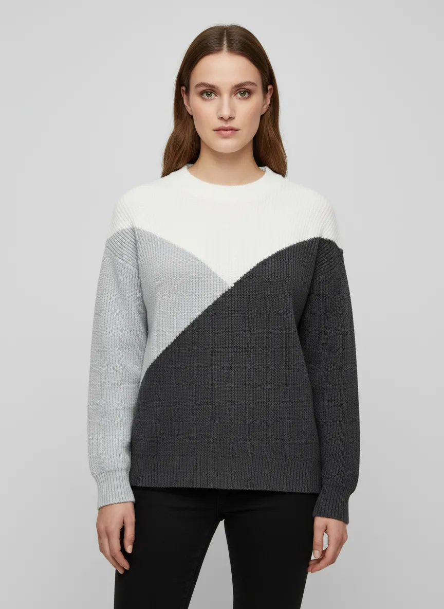 Women's Tri-Color Block Knit Sweater (Crew Neck, Oversized Relaxed Fit)