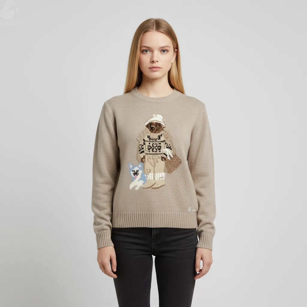 Women's Beige Bear & Dog Graphic Knit Sweater (Crew Neck, Playful Design)
