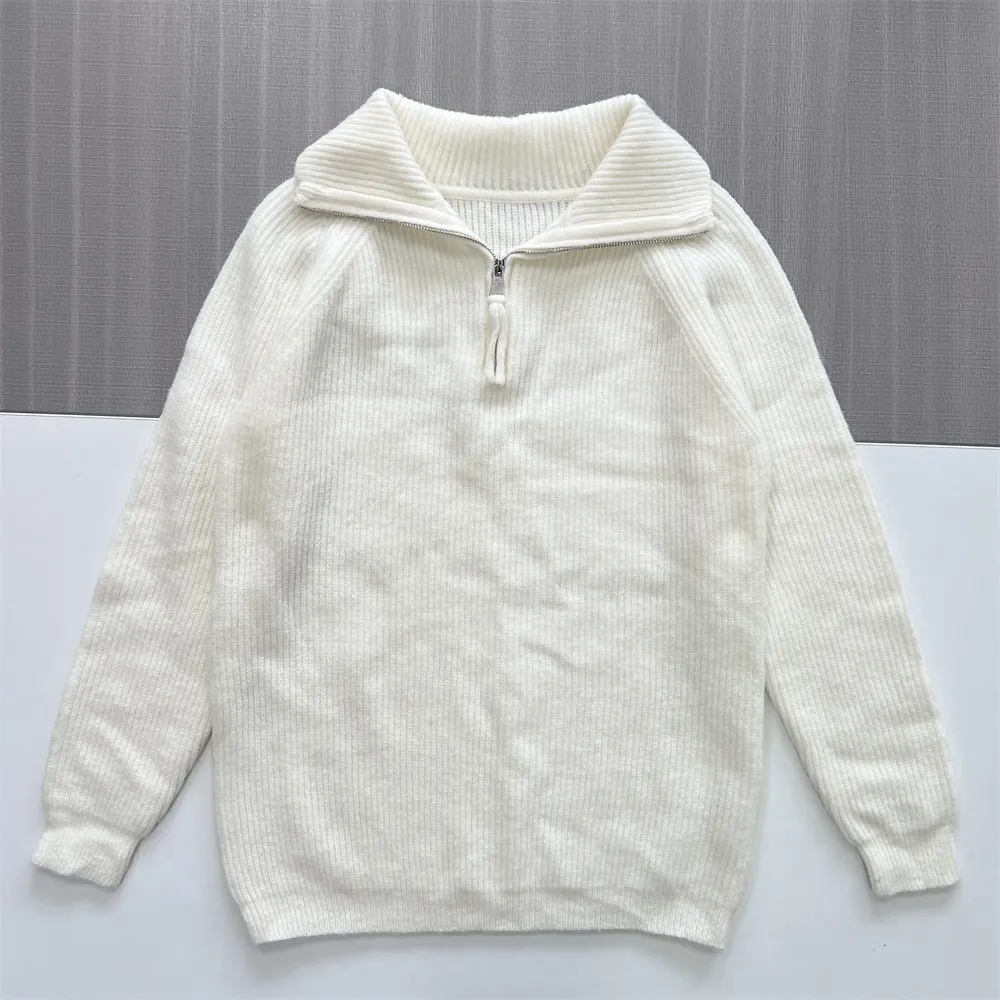 Women's Ivory Rib-Knit Quarter-Zip Polo Collar Sweater