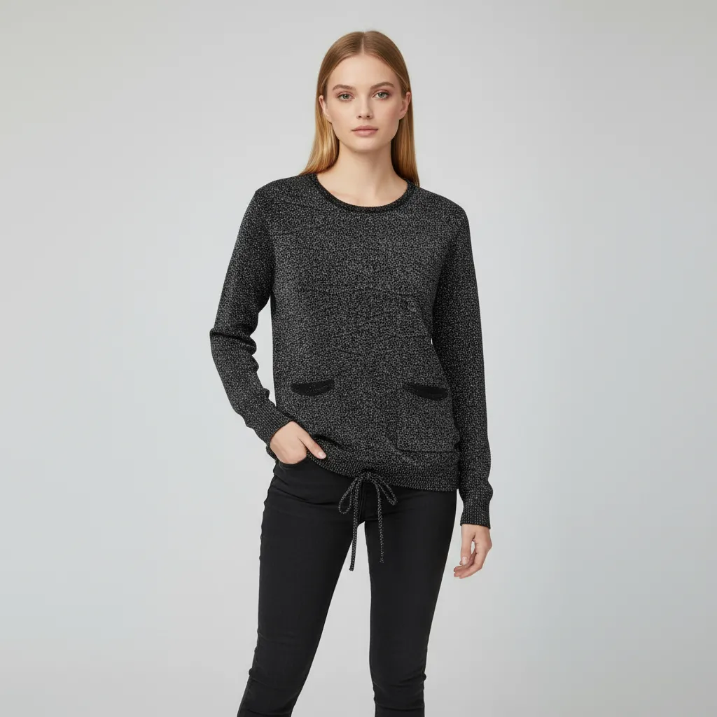 Women's Black Glitter Knit Sweater (Crew Neck, Patch Pockets & Drawstring Hem)