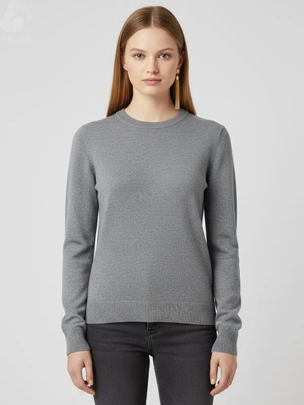 Women's Heather Grey Crew Neck Knit Sweater (Slim Fit, Minimalist Design)
