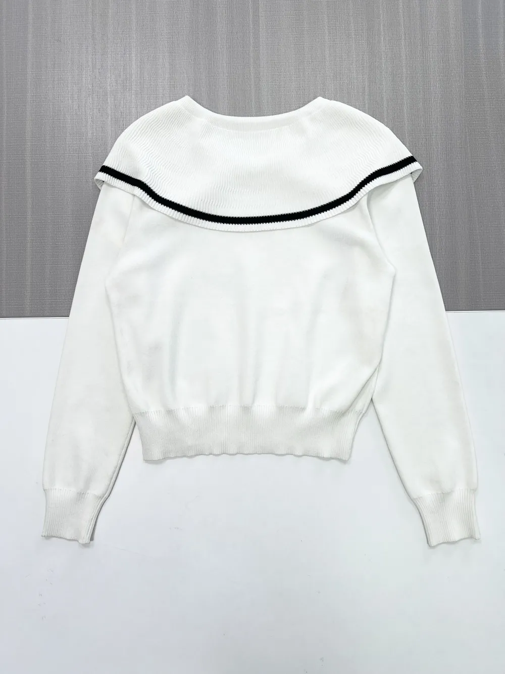 Women's White Sailor Collar Knit Sweater with Black Contrast Trim