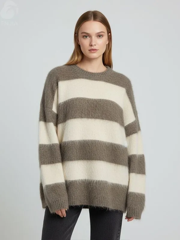 Women's Grey & Cream Striped Fuzzy Knit Sweater (Oversized Fit, Fluffy Texture)