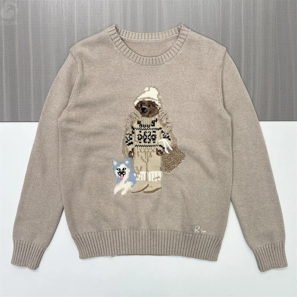 Women's Beige Bear & Dog Graphic Knit Sweater (Crew Neck, Playful Design)
