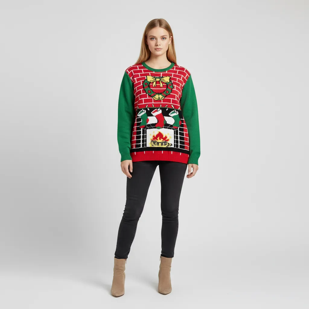 Women's Christmas Fireplace & Stocking Print Knit Sweater (Red & Green)