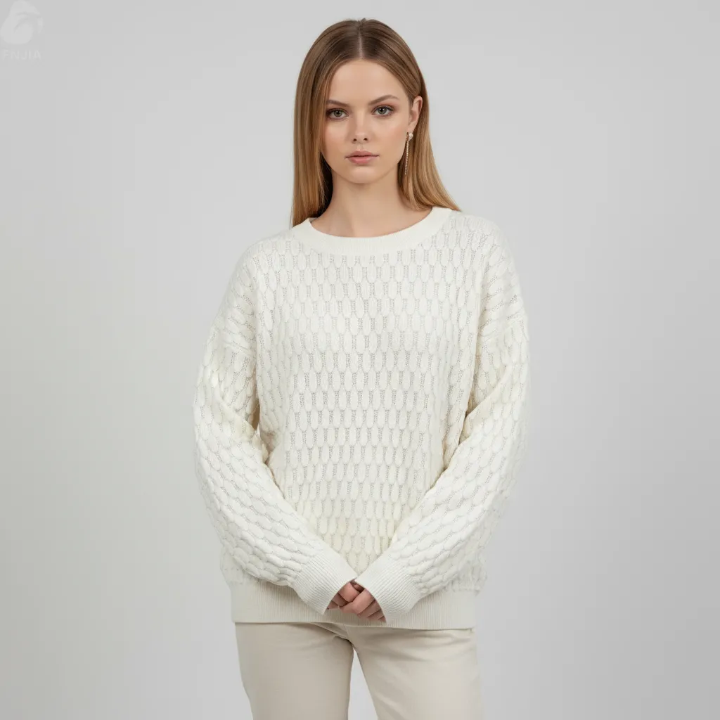Women's Cream Scale-Pattern Openwork Knit Sweater (Crew Neck, Textured Design)