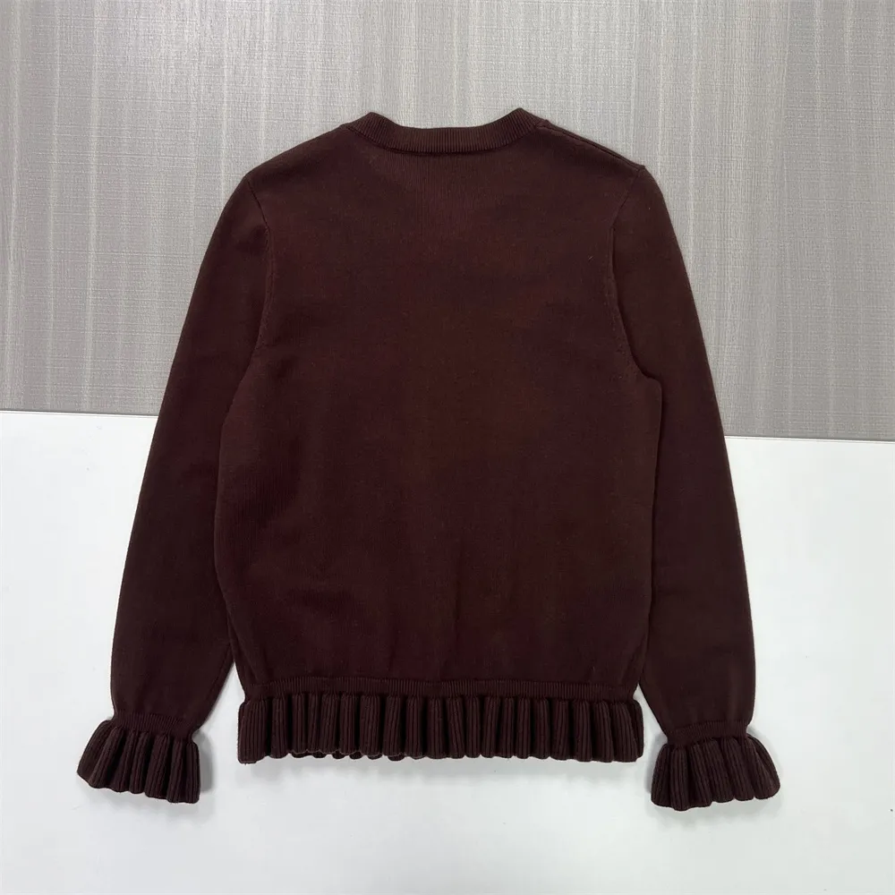 Women's Burgundy Ruffled Knit Cardigan (Round Neck, Button-Front & Ruffled Hem/Sleeves)