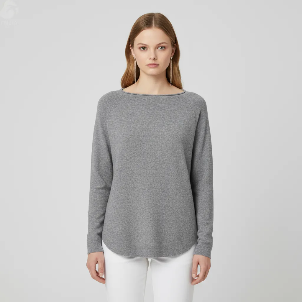Women's Heather Grey Boat Neck Knit Top (Relaxed Fit, Curved Hem)