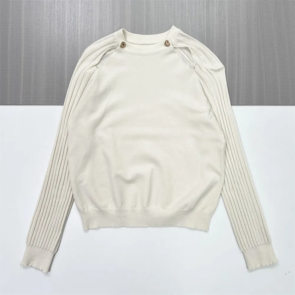 Women's Ivory Knit Sweater (Crew Neck, Shoulder Cut-Outs with Metal Accents)